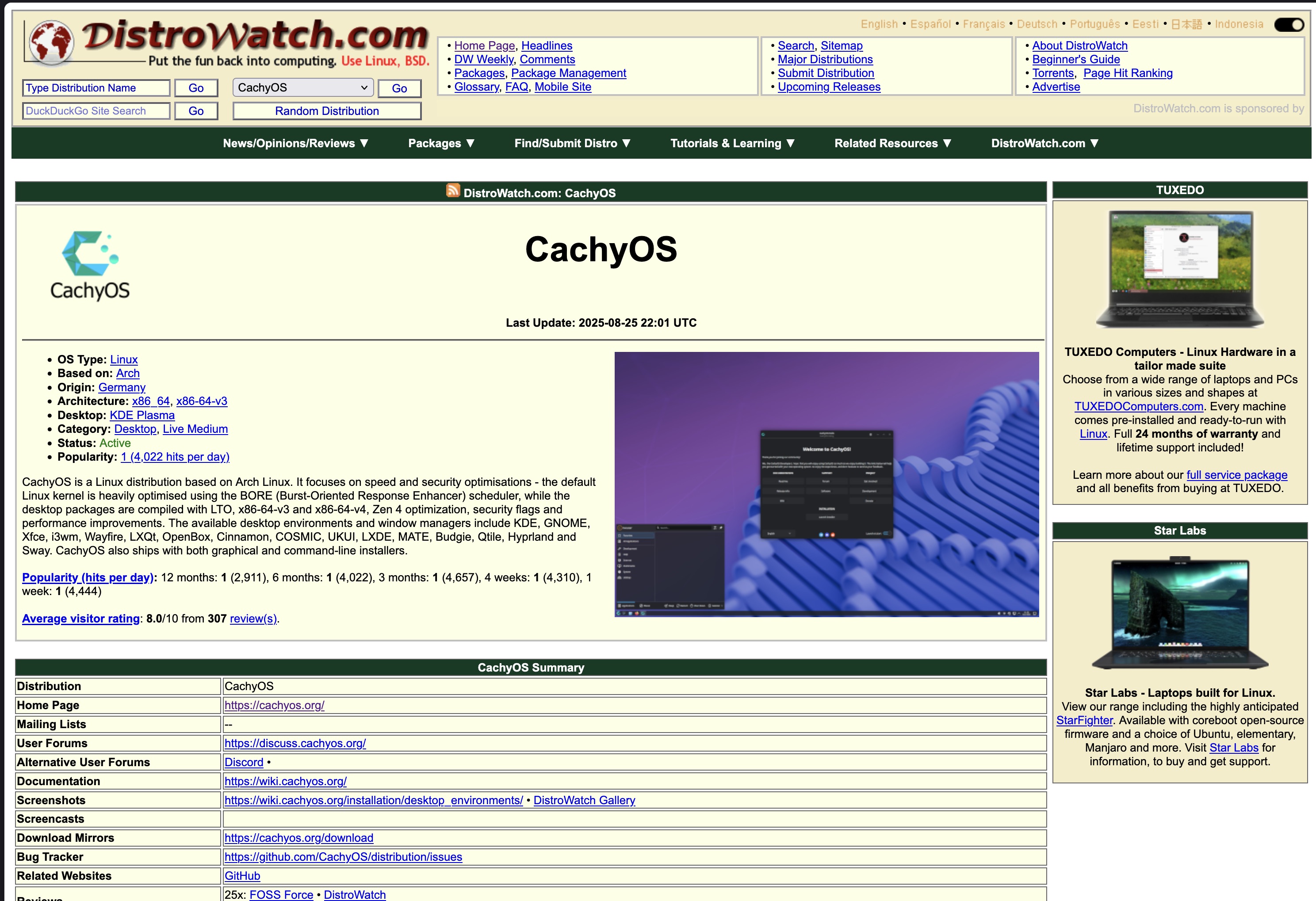 Screenshot Web CachyOS di Distrowatch